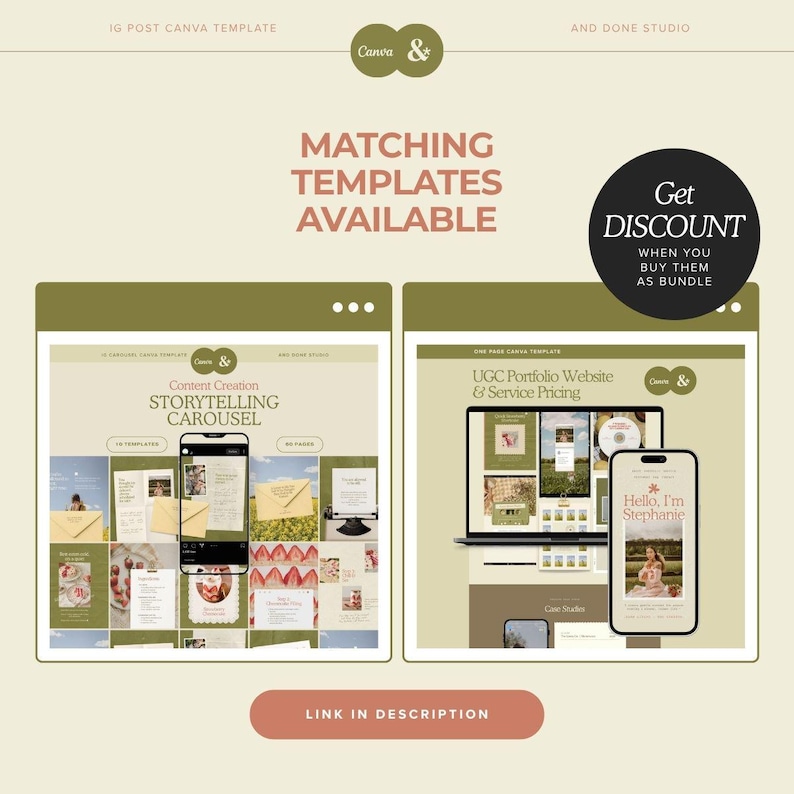 Peut inclure: Graphique promotionnel pour les mod&egrave;les Canva. L'image pr&eacute;sente deux maquettes de mod&egrave;les Canva, une pour la cr&eacute;ation de contenu et une autre pour un site Web de portfolio. Le texte comprend "Mod&egrave;les correspondants disponibles" et "Obtenez une remise lorsque vous les achetez en lot."