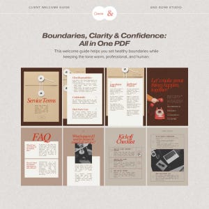 May include: A digital client welcome guide PDF template featuring eight pages with brown and beige color schemes. The text includes headings like Service Terms, Client Responsibilities, FAQ, and Kickoff Checklist, alongside sections for contact details and business policies.