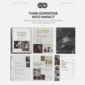 May include: A Canva Instagram post template with the text "TURN EXPERTISE INTO IMPACT". The template includes several pages with text and images, including "The Secret of Storytelling in Marketing" and "Hook Formula That Works in Any Niche".