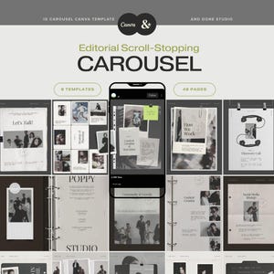 May include: A digital Canva template set for Instagram carousels featuring 8 templates and 48 pages. The design includes black, white, and gray layouts with editorial typography, photo placeholders, and text elements like Let's Talk and How We Work.