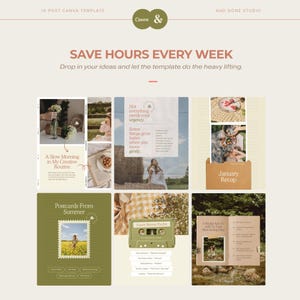 Peut inclure: Un mod&egrave;le Canva pour les publications Instagram, avec un fond beige clair. Le mod&egrave;le comprend divers collages de photos, du texte et des graphiques. Le texte comprend "SAVE HOURS EVERY WEEK" et "Drop in your ideas and let the template do the heavy lifting."