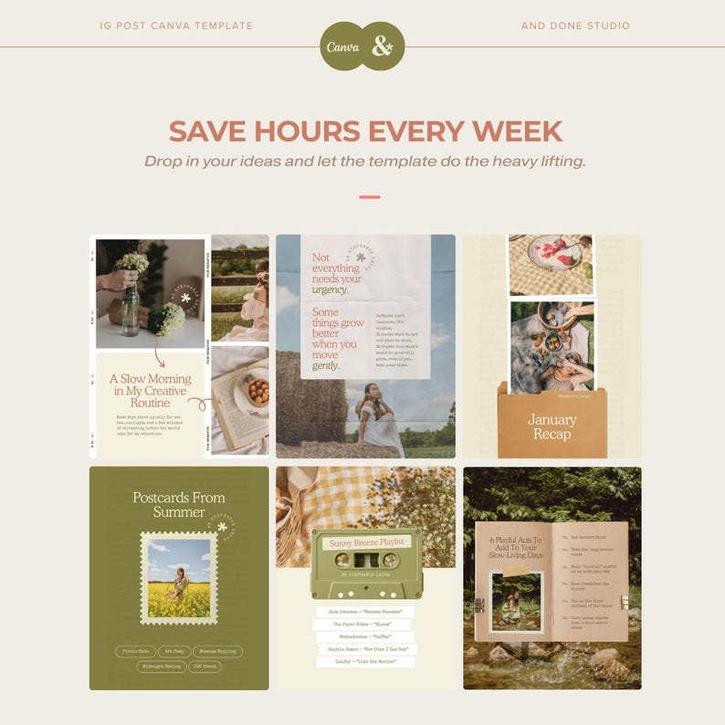 Peut inclure: Un mod&egrave;le Canva pour les publications Instagram, avec un fond beige clair. Le mod&egrave;le comprend divers collages de photos, du texte et des graphiques. Le texte comprend "SAVE HOURS EVERY WEEK" et "Drop in your ideas and let the template do the heavy lifting."