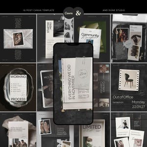 Puede incluir: Una colecci&oacute;n de plantillas digitales de Canva para publicaciones de Instagram mostradas en una pantalla de tel&eacute;fono, con varios dise&ntilde;os oscuros, tipograf&iacute;a y elementos de collage que incluyen texto como Everything We Did In November.