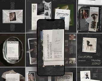 Schwarzes redaktionelles Instagram-Template für Mode, Social-Media-Template für Marken im Stil des gehobenen Mainstreams, minimalistisches, mehrschichtiges Papier-Canvas-Template