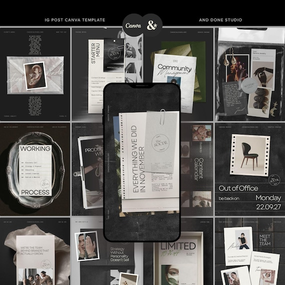 Black Editorial Instagram Template for Fashion, Old Money Social Media Template for Quiet Luxury Brand, Minimalist Layered Paper Canva
