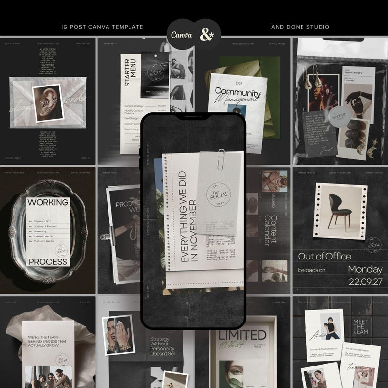 Puede incluir: Una colecci&oacute;n de plantillas digitales de Canva para publicaciones de Instagram mostradas en una pantalla de tel&eacute;fono, con varios dise&ntilde;os oscuros, tipograf&iacute;a y elementos de collage que incluyen texto como Everything We Did In November.