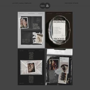 Puede incluir: Un conjunto de plantillas digitales de Canva para publicaciones de Instagram con cuatro dise&ntilde;os distintos. Los dise&ntilde;os incluyen esquemas de color en blanco y negro, tipograf&iacute;a, elementos fotogr&aacute;ficos y marcos gr&aacute;ficos. El texto incluye "Strategy Without Personality Doesn't Sell" y "Working Process".
