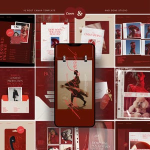 May include: A set of social media marketing templates in red and cream. The templates include a phone mockup, posters, and a binder. Text includes "The Social", "How Soon Will I See Results?", and "Onboarding".