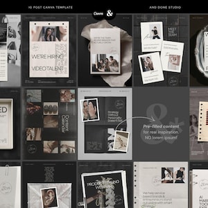 Puede incluir: Una colecci&oacute;n digital de plantillas de Canva para publicaciones de Instagram con varios dise&ntilde;os, tipograf&iacute;as y elementos fotogr&aacute;ficos. Los dise&ntilde;os incluyen texto como WE'RE HIRING VIDEO TALENT, WE'RE THE TEAM BEHIND BRANDS THAT ACTUALLY GROW y PRODUCT STYLING WEBINAR.