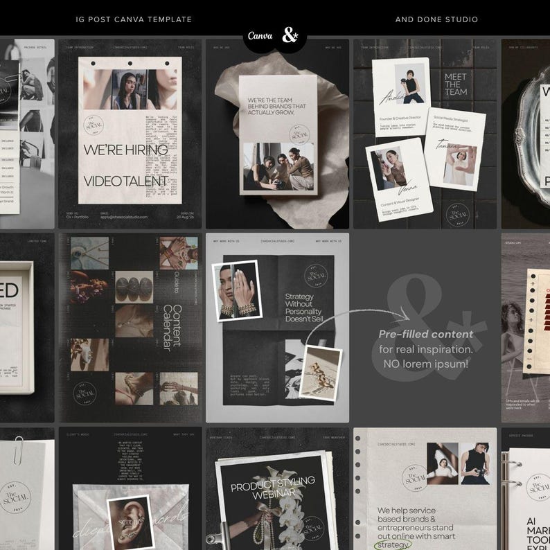 Puede incluir: Una colecci&oacute;n digital de plantillas de Canva para publicaciones de Instagram con varios dise&ntilde;os, tipograf&iacute;as y elementos fotogr&aacute;ficos. Los dise&ntilde;os incluyen texto como WE'RE HIRING VIDEO TALENT, WE'RE THE TEAM BEHIND BRANDS THAT ACTUALLY GROW y PRODUCT STYLING WEBINAR.