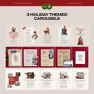 Puede incluir: Un conjunto de plantillas digitales de Canva para Instagram que incluye 3 carruseles con tem&aacute;tica navide&ntilde;a. El dise&ntilde;o presenta varias diapositivas con texto, gr&aacute;ficos festivos como un Santa, un mu&ntilde;eco de nieve, un reno y un cohete, adem&aacute;s de espacios.