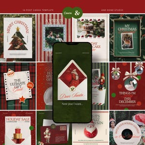 May include: A digital collection of Instagram post templates featuring Christmas themes, including holiday sales, gift guides, and festive graphics. The central smartphone display shows a Dear Santa letter graphic on a dark green background.
