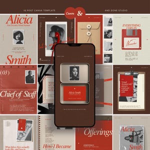 May include: A smartphone displaying a digital template collection featuring red, white, and beige graphics. The screen shows a metal tin containing a portrait photo and a red business card with the text Alicia Smith, Executive Virtual Assistant.