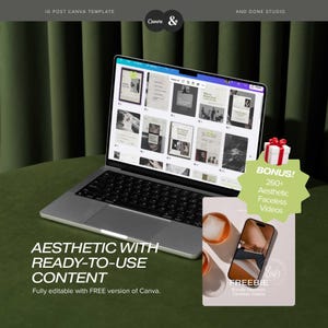 May include: A silver laptop displaying a Canva template with various design layouts. A green gift box and a phone with a video are on the right. Text reads "Aesthetic with Ready-to-Use Content" and "Bonus! 260+ Aesthetic Faceless Videos."