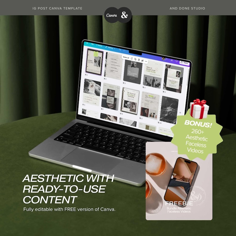 May include: A silver laptop displaying a Canva template with various design layouts. A green gift box and a phone with a video are on the right. Text reads "Aesthetic with Ready-to-Use Content" and "Bonus! 260+ Aesthetic Faceless Videos."
