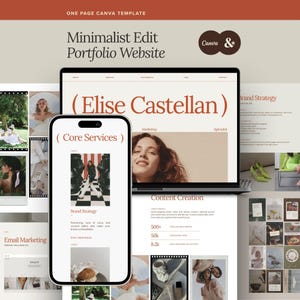 Könnte beinhalten: Eine einseitige Canva-Vorlage für eine Portfolio-Website mit dem Text Minimalist Edit Portfolio Website, Elise Castellan, Core Services und Brand Strategy. Das Layout zeigt einen Laptop- und einen Smartphone-Bildschirm.