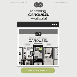 May include: A digital graphic promoting a Canva template for Instagram carousels. The design features the Canva logo, the text "Matching CAROUSEL Available!" and a mock-up of a phone displaying carousel templates. The text "Editorial Scroll-Stopping CAROUSEL" is also visible.