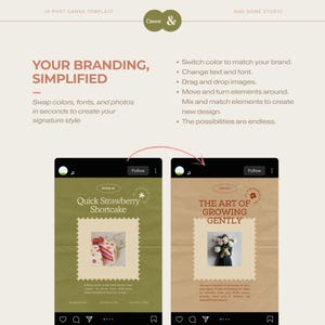 Peut inclure: Mod&egrave;le Canva avec le texte &laquo;&nbsp;VOTRE BRANDING, SIMPLIFI&Eacute;&nbsp;&raquo;. Le mod&egrave;le comprend deux maquettes de publications Instagram, une pour une recette de shortcake aux fraises et une autre pour &laquo;&nbsp;L'art de grandir en douceur&nbsp;&raquo;.