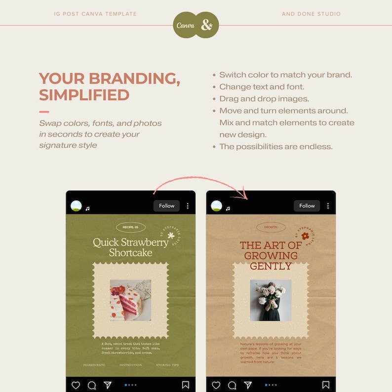 Peut inclure: Mod&egrave;le Canva avec le texte &laquo;&nbsp;VOTRE BRANDING, SIMPLIFI&Eacute;&nbsp;&raquo;. Le mod&egrave;le comprend deux maquettes de publications Instagram, une pour une recette de shortcake aux fraises et une autre pour &laquo;&nbsp;L'art de grandir en douceur&nbsp;&raquo;.