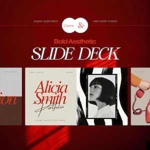 Peut inclure: Conception graphique rouge et blanche pour une présentation de diapositives. Le texte comprend "Canva Slide Deck", "Bold Aesthetic" et "Slide Deck". La présentation présente un portfolio pour "Alicia Smith".