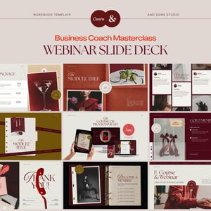 May include: A digital workbook template and webinar slide deck titled Business Coach Masterclass. The design features a color palette of deep red, cream, and dark brown, showcasing various layouts including text, imagery, and icons for professional presentations.
