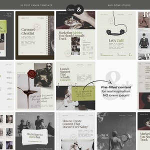 May include: A collection of Instagram post templates with text overlays. The templates feature titles like "Carousel Checklist," "Marketing Metrics," and "Launch Support." The design uses a neutral color palette with accents of green and red.