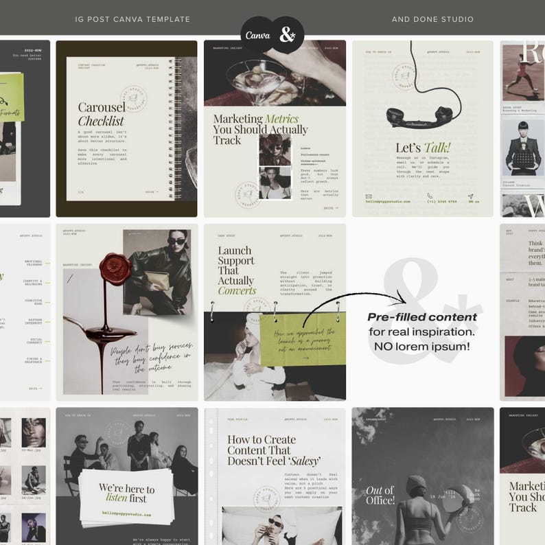 May include: A collection of Instagram post templates with text overlays. The templates feature titles like "Carousel Checklist," "Marketing Metrics," and "Launch Support." The design uses a neutral color palette with accents of green and red.
