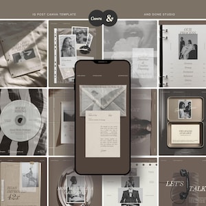 May include: A digital Canva template collection for Instagram posts featuring a neutral, monochromatic aesthetic. The layout includes various mockups of documents, envelopes, a CD, a telephone, and a smartphone displaying a business letter.