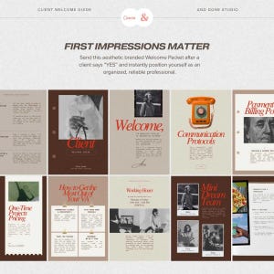 May include: A digital client welcome guide template featuring multiple pages with a neutral color palette of beige, cream, and dark brown. The layout includes serif typography, black and white photography, and graphic elements like an orange rotary phone.