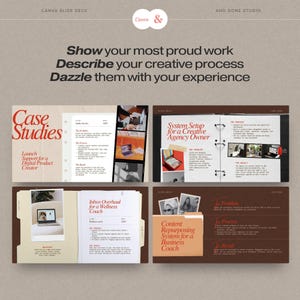 Pu&ograve; includere: Un modello di presentazione Canva con quattro layout di casi studio su sfondi marrone scuro e crema. Il testo include Show your most proud work, Describe your creative process, Dazzle them with your experience, Case Studies e vari dettagli del progetto.