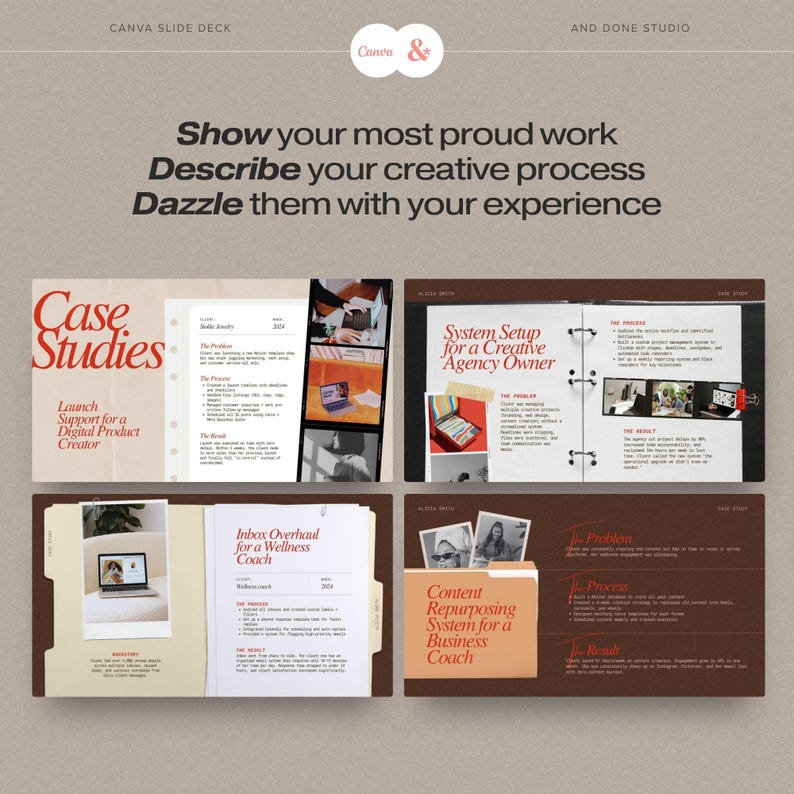 Pu&ograve; includere: Un modello di presentazione Canva con quattro layout di casi studio su sfondi marrone scuro e crema. Il testo include Show your most proud work, Describe your creative process, Dazzle them with your experience, Case Studies e vari dettagli del progetto.