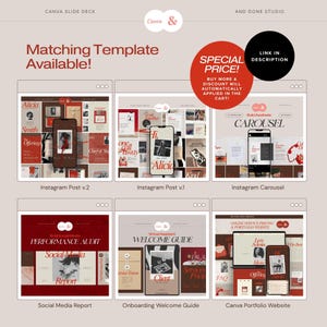 Pu&ograve; includere: Una collezione di modelli digitali per presentazioni Canva con sei layout distinti, inclusi post di Instagram, un carosello, un report per i social media, una guida di benvenuto e un sito web portfolio, caratterizzati da colori rosso, bianco e beige.