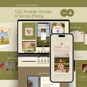 May include: A digital marketing template showcases a laptop and two smartphones displaying website designs. The design features a soft color palette with the text "UGC Portfolio Website & Service Pricing" and "Hello, I'm Stephanie."