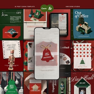 May include: A digital display of a Canva social media template collection featuring various holiday-themed graphics, including a nutcracker, gift boxes, a desk, and a bell-shaped tag with the text Gift Guide Creatives on a smartphone screen.