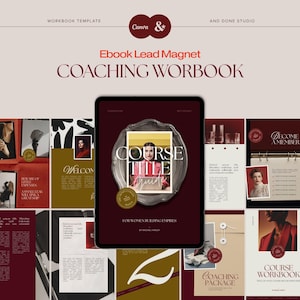 Peut inclure: Un modèle de cahier d'exercices numérique pour Canva avec une palette de couleurs rouge foncé et beige. L'écran central de la tablette affiche une couverture avec le texte COURSE TITLE GUIDE et FOR WOMEN BUILDING EMPIRES, entouré de mises en page.
