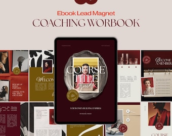 May include: A digital workbook template for Canva featuring a dark red and beige color palette. The central tablet display shows a cover with the text COURSE TITLE GUIDE and FOR WOMEN BUILDING EMPIRES, surrounded by various page layout examples.