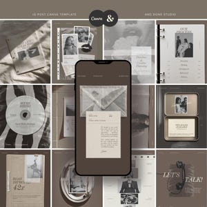 Może przedstawiać: Cyfrowa kolekcja szablonów postów na Instagram w neutralnej palecie kolorów. Zestawienie zawiera różne układy z tekstem, fotografiami i elementami graficznymi, wyśrodkowane wokół smartfona z listem i kopertą.