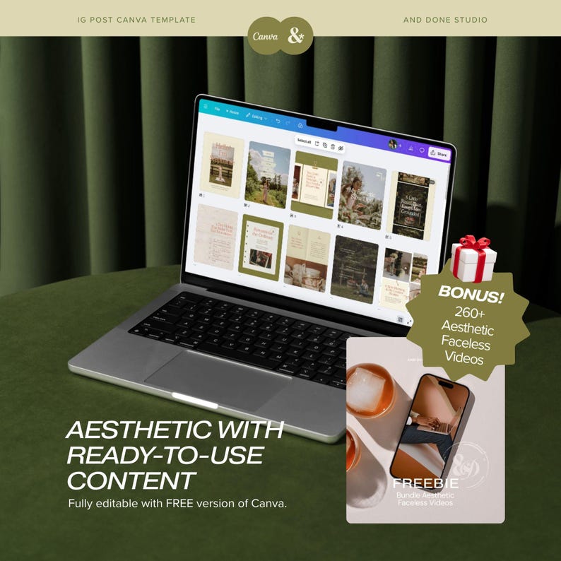 Peut inclure: Un ordinateur portable affiche un mod&egrave;le Canva avec diverses mises en page. Un coffret cadeau avec un n&oelig;ud rouge et un t&eacute;l&eacute;phone avec une vid&eacute;o sont &agrave; droite. Le texte &agrave; l'&eacute;cran indique "Aesthetic with Ready-to-Use Content". L'image comprend &eacute;galement le texte "BONUS! 260+ Aesthetic Faceless Videos".