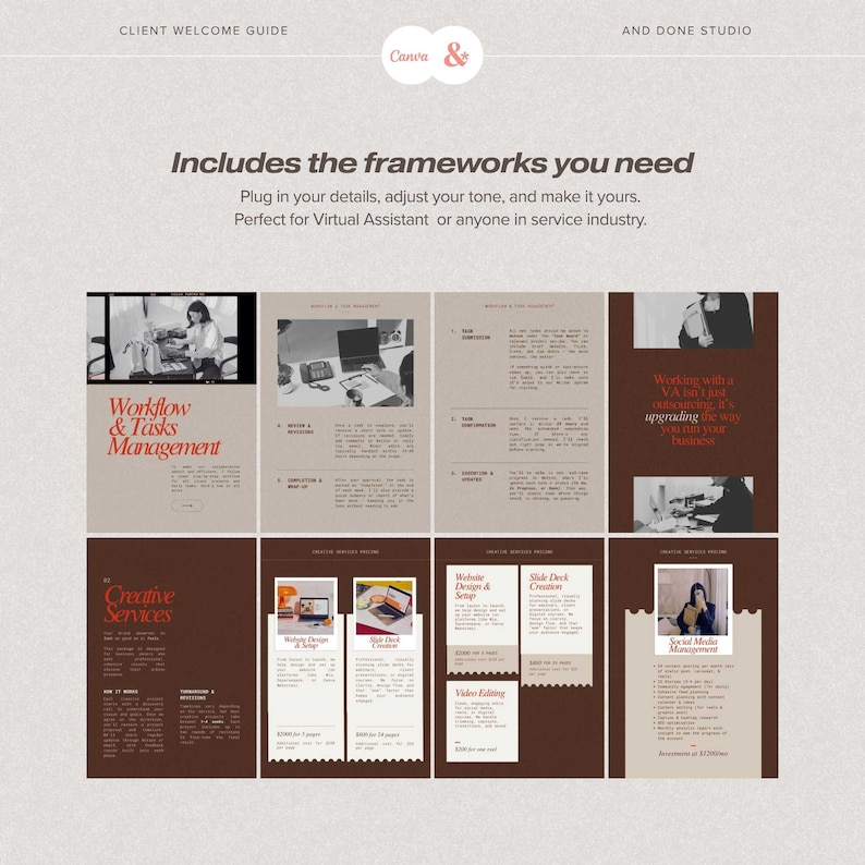 May include: A digital client welcome guide template featuring a neutral color palette of beige and dark brown. The layout includes multiple pages with sections titled Workflow & Tasks Management, Creative Services, and Social Media Management.