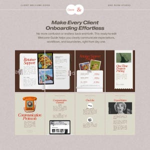May include: A digital client welcome guide template featuring multiple page layouts with brown and beige color schemes. The text includes headings like Retainer Support, Communication Protocols, and One-Time Projects Pricing, alongside icons and imagery.