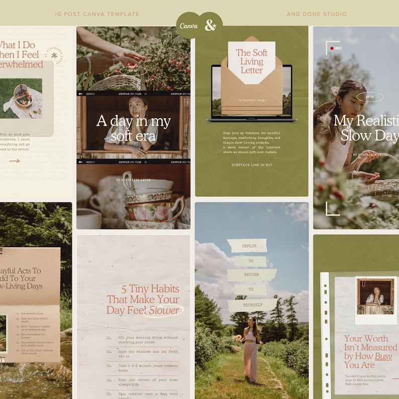 Peut inclure: Un mod&egrave;le Canva avec un collage d'images et de texte. Le texte comprend "What I Do When I Feel Overwhelmed", "A day in my soft era", et "5 Tiny Habits That Make Your Day Feel Slower". Le mod&egrave;le a un design doux et esth&eacute;tique.