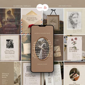 May include: A digital Instagram carousel template set featuring a smartphone displaying a brown graphic with the text Letters to the Quiet Hours and Mariana Fischer, surrounded by various beige and cream social media post designs.