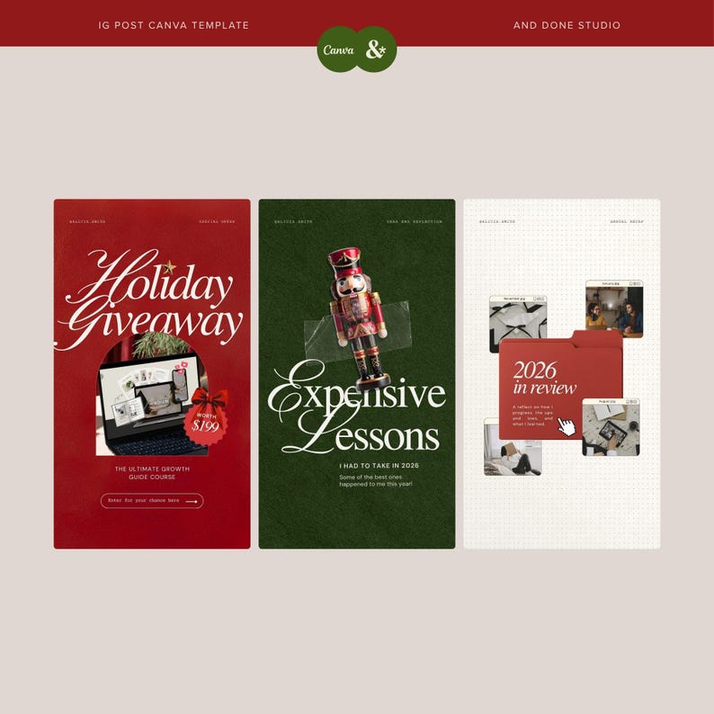 Puede incluir: Un conjunto de tres plantillas digitales para redes sociales con un fondo rojo y el texto Holiday Giveaway, un fondo verde con un cascanueces y el texto Expensive Lessons, y un fondo de cuadr&iacute;cula blanca con el texto 2026 in review.