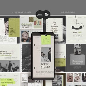 May include: A Canva Instagram post template with a grid layout. The template features various design elements, including text, images, and graphics. The text includes phrases like "Why Your Business Needs a Marketing Partner" and "Poppy Studio".