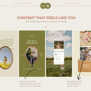 Peut inclure: Mod&egrave;le de publication Instagram Canva avec une palette de couleurs douces. Le design comprend le texte "CONTENT THAT FEELS LIKE YOU" et des espaces r&eacute;serv&eacute;s aux images. Le mod&egrave;le est con&ccedil;u pour une cr&eacute;ation de contenu facile.