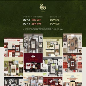 Puede incluir: Un gr&aacute;fico de marketing digital con el logotipo de And Done Studio, ofertas de descuento para art&iacute;culos de la tienda y un collage de varias plantillas de sitios web y redes sociales en tonos verde oliva, rojo, beige y marr&oacute;n.
