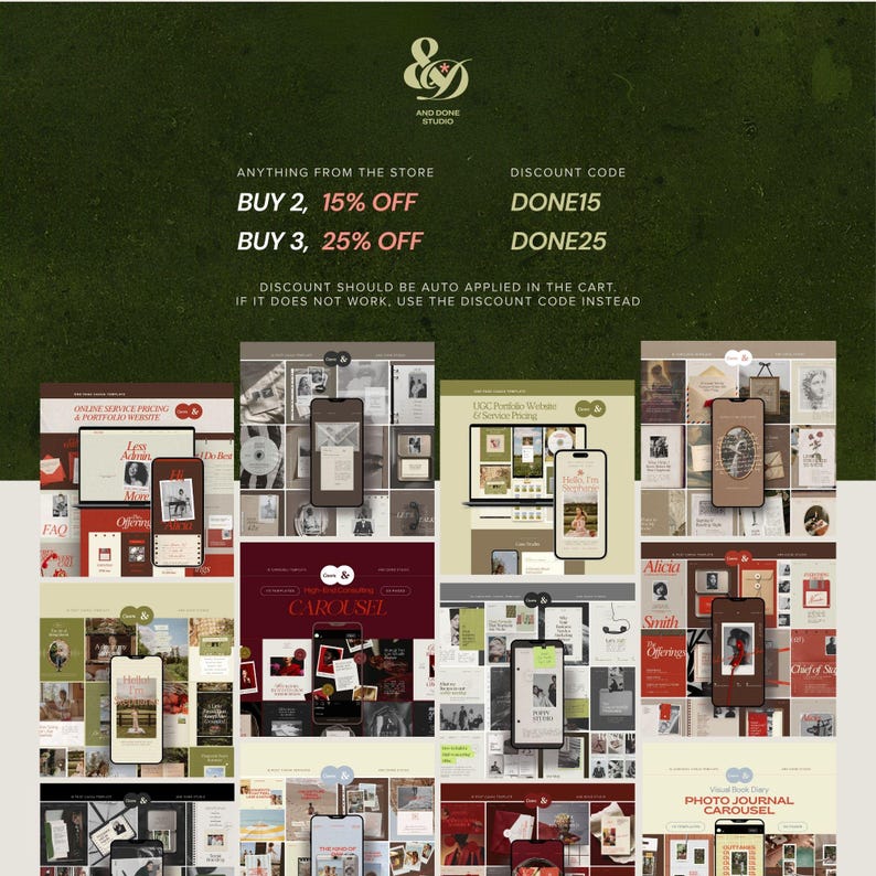 Puede incluir: Un gr&aacute;fico de marketing digital con el logotipo de And Done Studio, ofertas de descuento para art&iacute;culos de la tienda y un collage de varias plantillas de sitios web y redes sociales en tonos verde oliva, rojo, beige y marr&oacute;n.