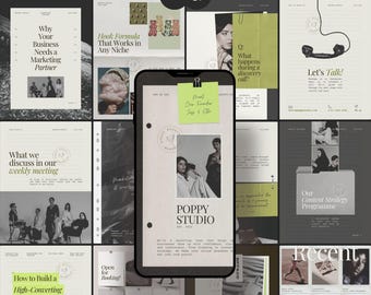 May include: A smartphone displaying a digital marketing template collection featuring various layouts with text, photography, and graphic elements. The screen shows a central post with a lime green sticky note labelled Meet Our Founder Jess & Elle.