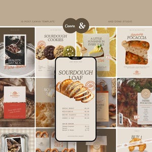 May include: A collage of food-related graphics, including a sourdough loaf, cookies, focaccia, and a lemon tart. The image features text such as "Sourdough Loaf" and "Butterfield Bakery". The color palette is neutral with brown and beige tones.