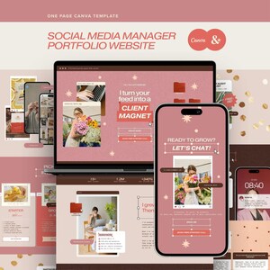 Social Media Player ios Core Portfolio Website Canva Template, SMM Digital Service & Pricing Guide, Pink Braun One Page Website für UGC